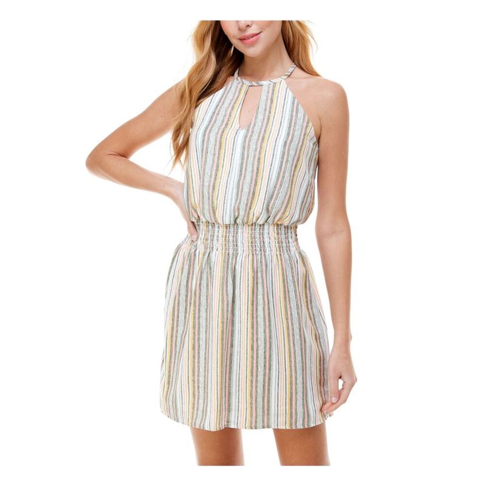 CITY STUDIO Womens A-Line Mini Dress Green Sleeveless Halter Striped Juniors XS